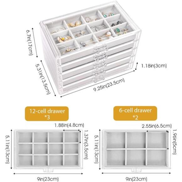 Clear Acrylic Jewelry Box Earring Organizer with Velvet Trays 5 Drawer Storage - Picture 3 of 7
